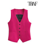 TRAF Ženska modna uredska odjeća s dugmadima, starinski prsluk s V izrezom, gornja odjeća bez rukava, šik majice s prslukom