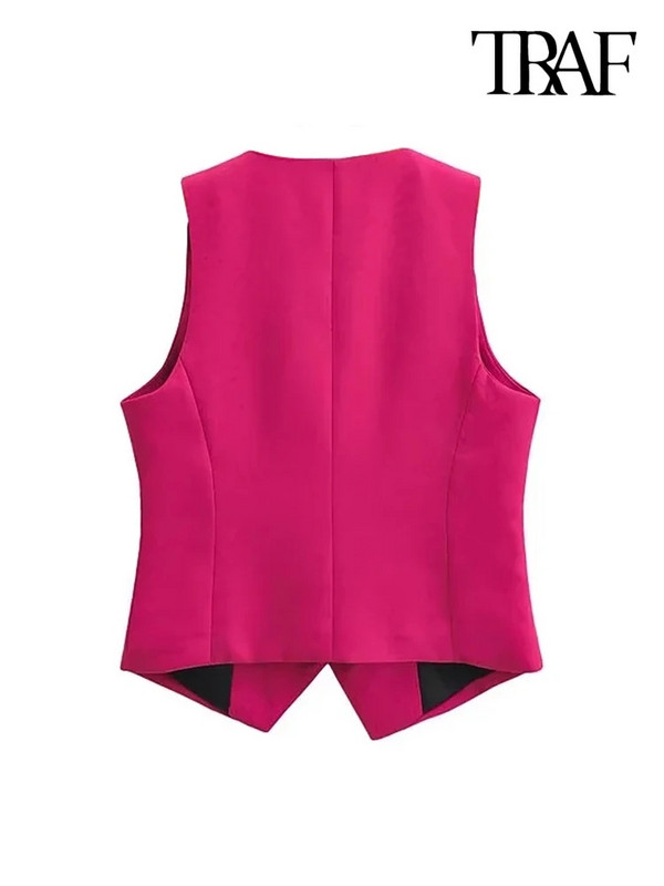 TRAF Ženska modna uredska odjeća s dugmadima, starinski prsluk s V izrezom, gornja odjeća bez rukava, šik majice s prslukom