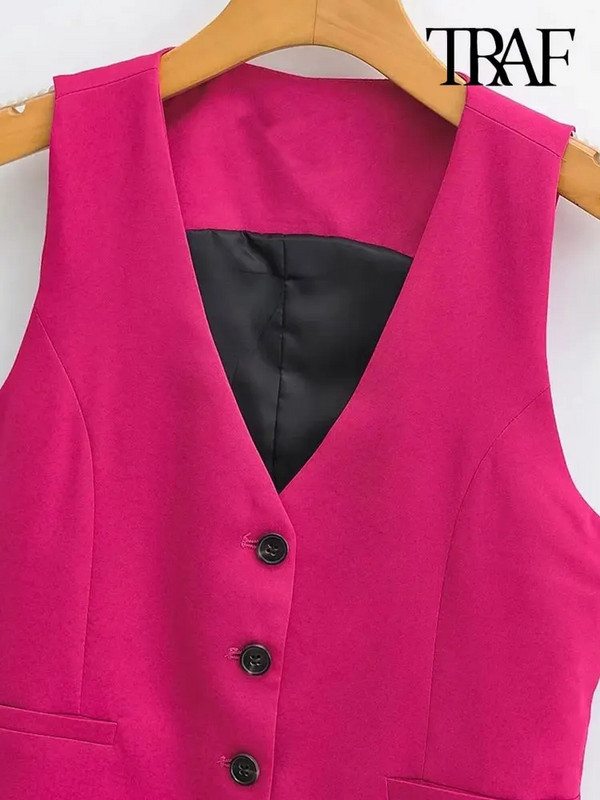 TRAF Ženska modna uredska odjeća s dugmadima, starinski prsluk s V izrezom, gornja odjeća bez rukava, šik majice s prslukom