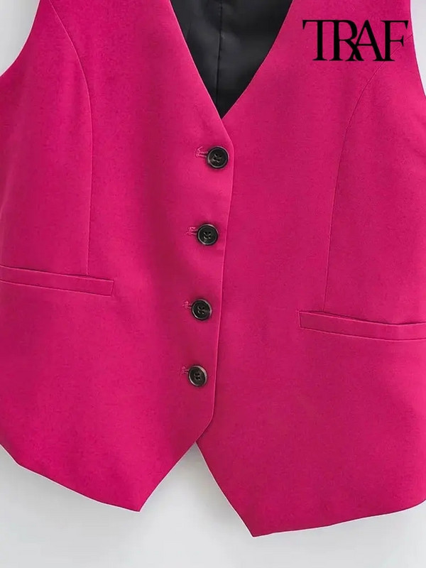 TRAF Ženska modna uredska odjeća s dugmadima, starinski prsluk s V izrezom, gornja odjeća bez rukava, šik majice s prslukom