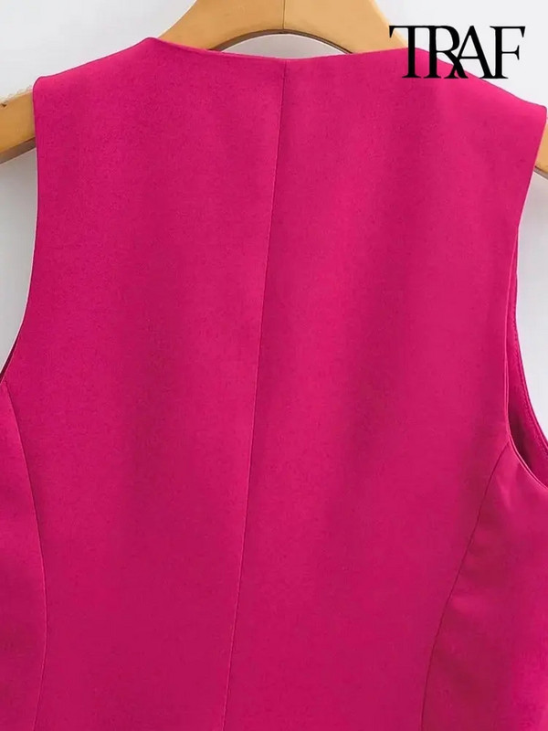 TRAF Ženska modna uredska odjeća s dugmadima, starinski prsluk s V izrezom, gornja odjeća bez rukava, šik majice s prslukom