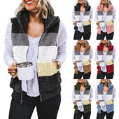 Jachetă de pluș fără mâneci 5XL de mărime mare pentru femei, bloc de culoare, veste calde cu glugă, haine de îmbrăcăminte, cu fermoar, din lână, vestă, haine de îmbrăcăminte