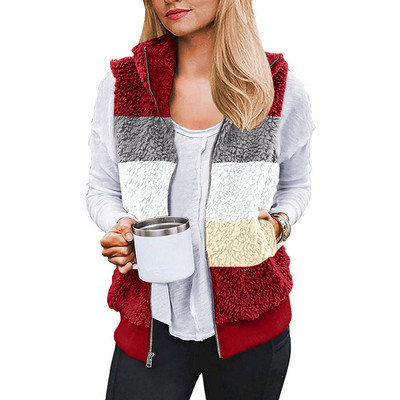 Jachetă de pluș fără mâneci 5XL de mărime mare pentru femei, bloc de culoare, veste calde cu glugă, haine de îmbrăcăminte, cu fermoar, din lână, vestă, haine de îmbrăcăminte