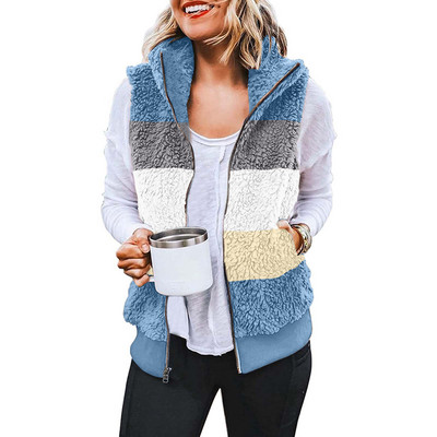 Jachetă de pluș fără mâneci 5XL de mărime mare pentru femei, bloc de culoare, veste calde cu glugă, haine de îmbrăcăminte, cu fermoar, din lână, vestă, haine de îmbrăcăminte