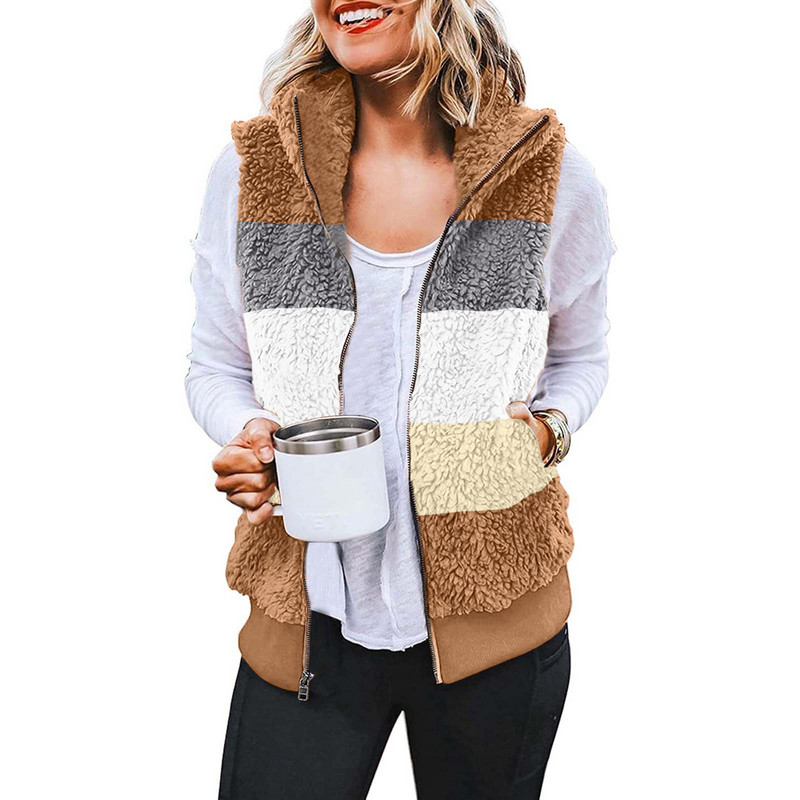 Jachetă de pluș fără mâneci 5XL de mărime mare pentru femei, bloc de culoare, veste calde cu glugă, haine de îmbrăcăminte, cu fermoar, din lână, vestă, haine de îmbrăcăminte