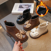 Nove čizme u britanskom stilu za djecu, djevojčice Prekrasne cipele s leptir mašnom od kristalnog bisera Jednobojne zimske dječje čizme Cipela s patentnim zatvaračem G09221