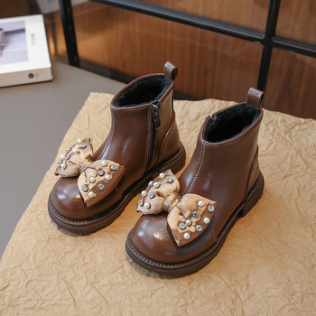 Νέες μπότες βρετανικού στυλ για παιδικά κορίτσια Όμορφα παπούτσια με παπιγιόν από κρύσταλλο μαργαριτάρι Μασίφ χειμωνιάτικο παιδικό παπούτσι με φερμουάρ στο πλάι G09221
