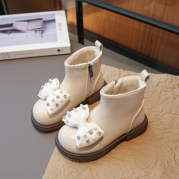 Νέες μπότες βρετανικού στυλ για παιδικά κορίτσια Όμορφα παπούτσια με παπιγιόν από κρύσταλλο μαργαριτάρι Μασίφ χειμωνιάτικο παιδικό παπούτσι με φερμουάρ στο πλάι G09221