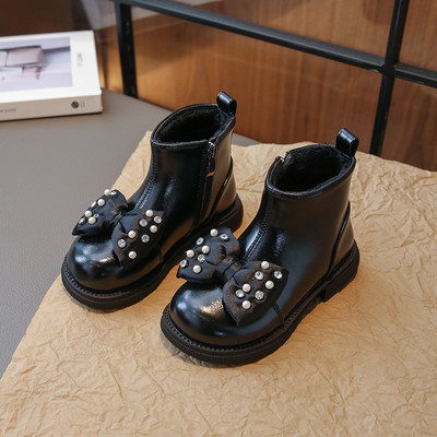 Nove čizme u britanskom stilu za djecu, djevojčice Prekrasne cipele s leptir mašnom od kristalnog bisera Jednobojne zimske dječje čizme Cipela s patentnim zatvaračem G09221