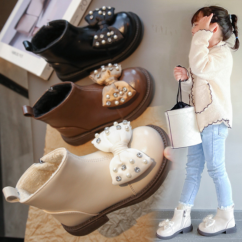 Nove čizme u britanskom stilu za djecu, djevojčice Prekrasne cipele s leptir mašnom od kristalnog bisera Jednobojne zimske dječje čizme Cipela s patentnim zatvaračem G09221