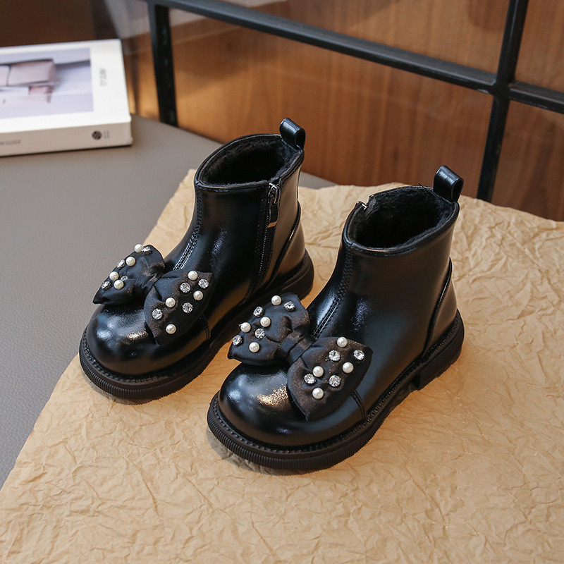 Nove čizme u britanskom stilu za djecu, djevojčice Prekrasne cipele s leptir mašnom od kristalnog bisera Jednobojne zimske dječje čizme Cipela s patentnim zatvaračem G09221