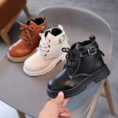 Anglický štýl Módne detské čižmy pre škôlkarov Klasické čierne béžovo-hnedé krátke čižmy pre dievčatá a chlapcov Zimné bavlnené topánky F09051