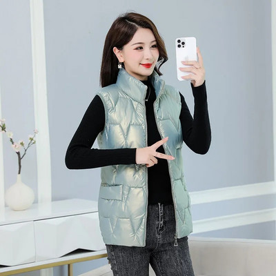 Blizgios pūkinės medvilnės liemenės, 80 kg, žieminės storos pūkuotos chaleco korėjietiškos mados striukės be rankovių šiltos sniego dėvėjimo liemenės