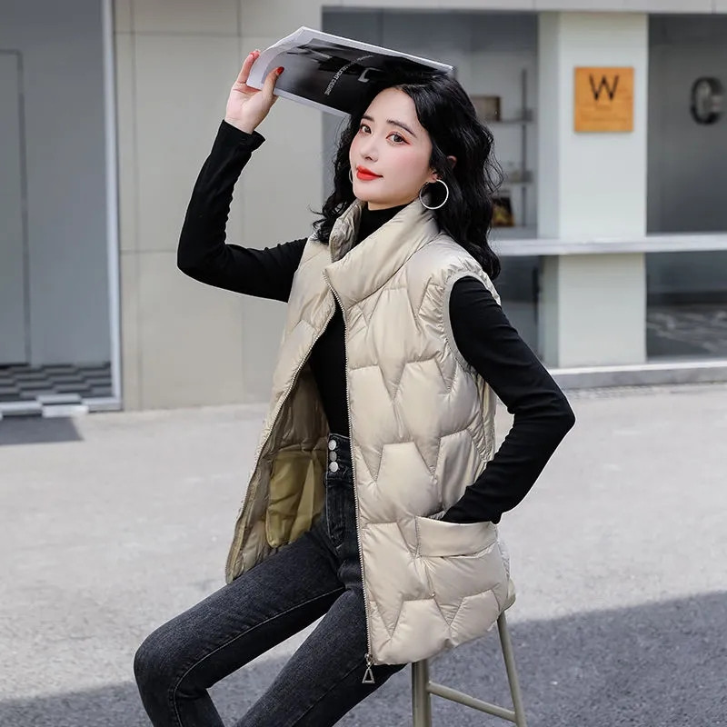 Blizgios pūkinės medvilnės liemenės, 80 kg, žieminės storos pūkuotos chaleco korėjietiškos mados striukės be rankovių šiltos sniego dėvėjimo liemenės