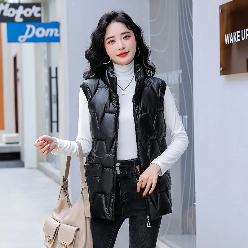 Blizgios pūkinės medvilnės liemenės, 80 kg, žieminės storos pūkuotos chaleco korėjietiškos mados striukės be rankovių šiltos sniego dėvėjimo liemenės