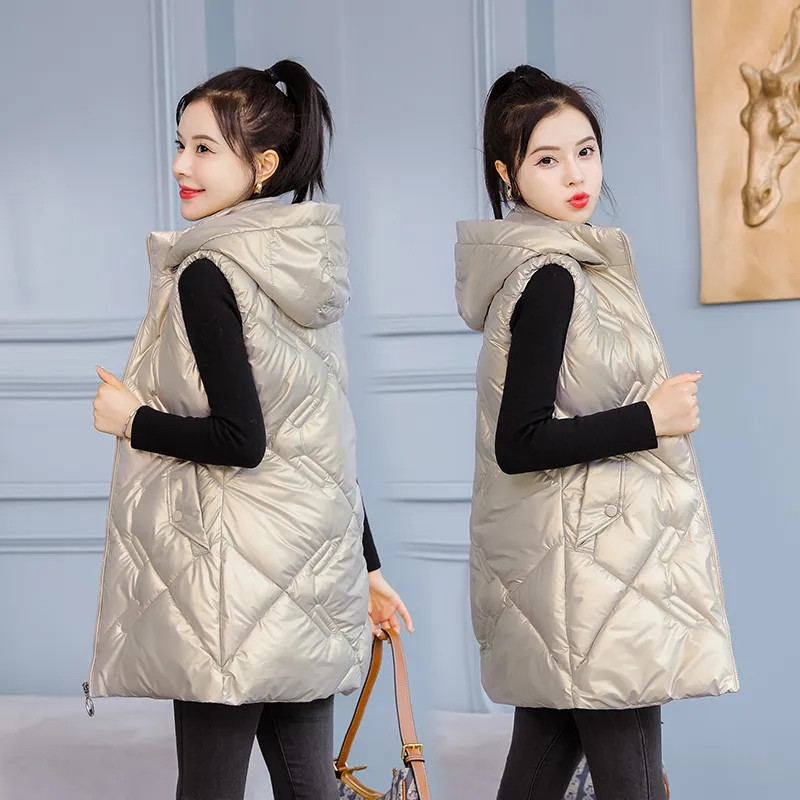 Punji pamučni prsluk Ženska jesensko-zimska jakna Novo 2022. Elegantni sjajni donji prsluk Gornji dijelovi Ženski prsluk Dugi kaput s kapuljačom Kaput 4XL