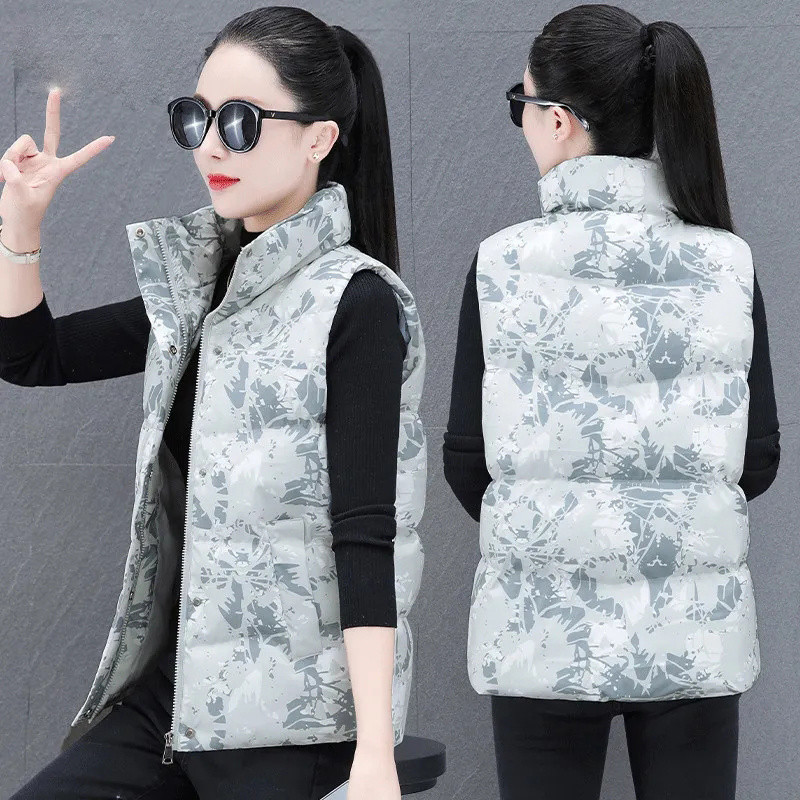 Jesen Zima Pamučni prsluk Ženska odjeća 2023 Novi print Patent zatvarač Kratka jakna bez rukava Ženski prsluk Kaputi Chaleco Mujer