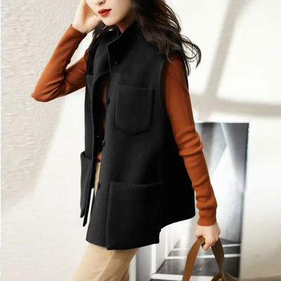 Jesen Zima Vintage Vuneni prsluk sa samostojećim ovratnikom Ženski kaput bez rukava s šik džepovima Kombinirana majica bez rukava Ženska široka ležerna jakna