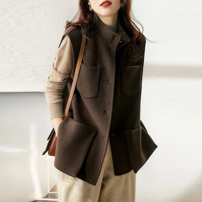 Jesen Zima Vintage Vuneni prsluk sa samostojećim ovratnikom Ženski kaput bez rukava s šik džepovima Kombinirana majica bez rukava Ženska široka ležerna jakna