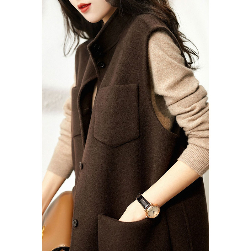 Jesen Zima Vintage Vuneni prsluk sa samostojećim ovratnikom Ženski kaput bez rukava s šik džepovima Kombinirana majica bez rukava Ženska široka ležerna jakna