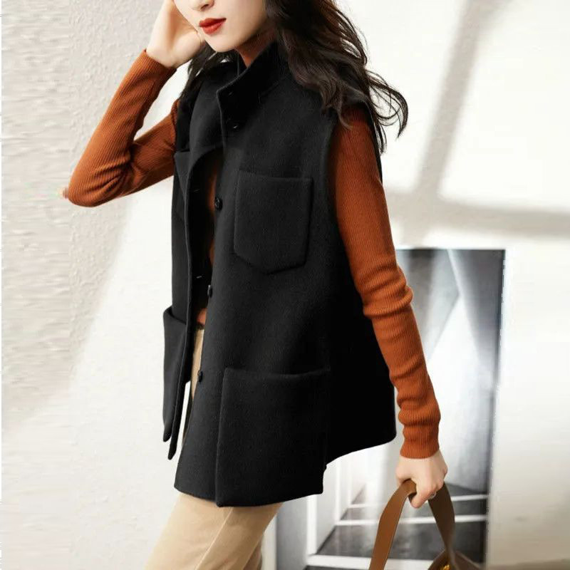 Jesen Zima Vintage Vuneni prsluk sa samostojećim ovratnikom Ženski kaput bez rukava s šik džepovima Kombinirana majica bez rukava Ženska široka ležerna jakna