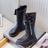 Nové detské čižmy po kolená pre dievčatá, elegantné čižmy s hrubým podpätkom, dlhé čižmy na boku, zimné čižmy s korálkami G09255