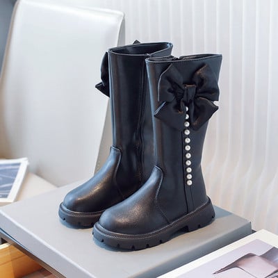 Nové detské čižmy po kolená pre dievčatá, elegantné čižmy s hrubým podpätkom, dlhé čižmy na boku, zimné čižmy s korálkami G09255