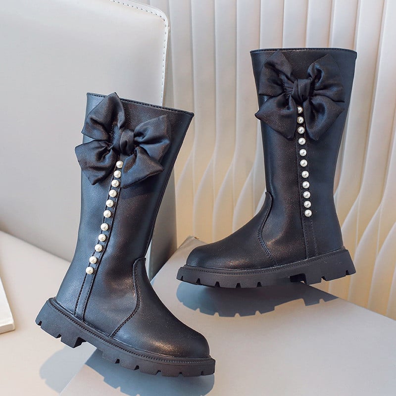 Nové detské čižmy po kolená pre dievčatá, elegantné čižmy s hrubým podpätkom, dlhé čižmy na boku, zimné čižmy s korálkami G09255