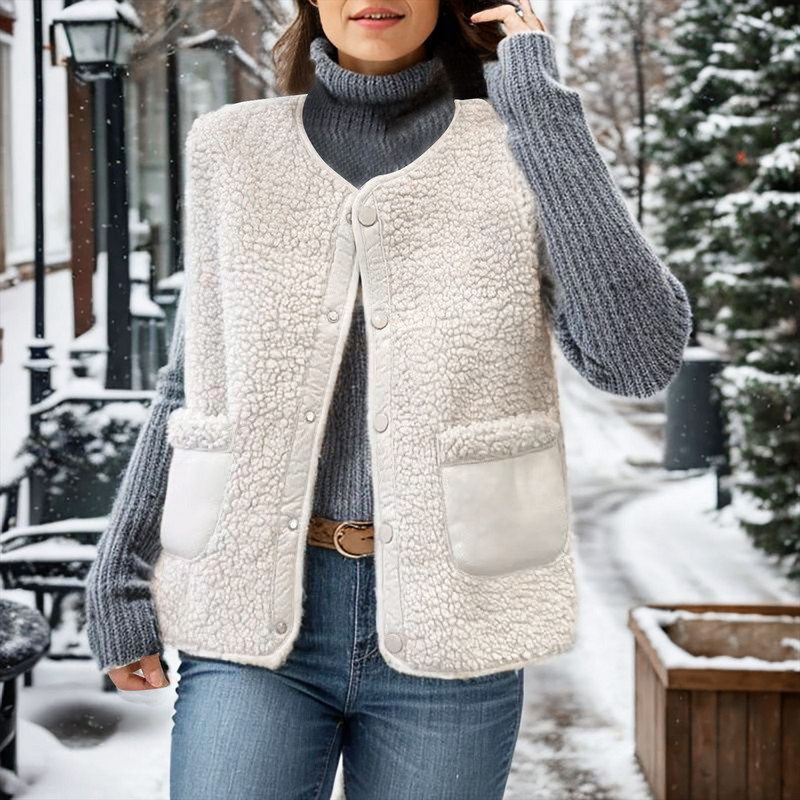 Plyšová kompozitná vesta, dámska zimná vesta, jednofarebná bez rukávov, vrchné oblečenie s výstrihom do O-krku, vrecko s dvoma spôsobmi nosenia, gombíková vrchná bunda