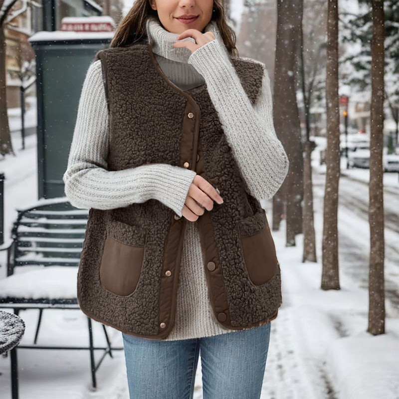 Plyšová kompozitná vesta, dámska zimná vesta, jednofarebná bez rukávov, vrchné oblečenie s výstrihom do O-krku, vrecko s dvoma spôsobmi nosenia, gombíková vrchná bunda