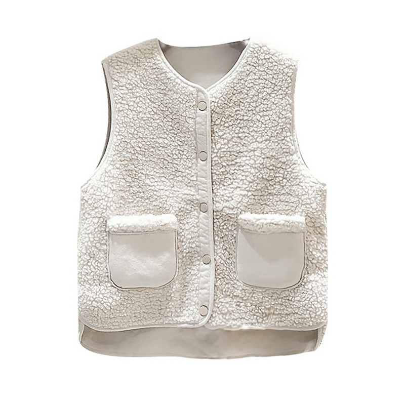 Plyšová kompozitná vesta, dámska zimná vesta, jednofarebná bez rukávov, vrchné oblečenie s výstrihom do O-krku, vrecko s dvoma spôsobmi nosenia, gombíková vrchná bunda