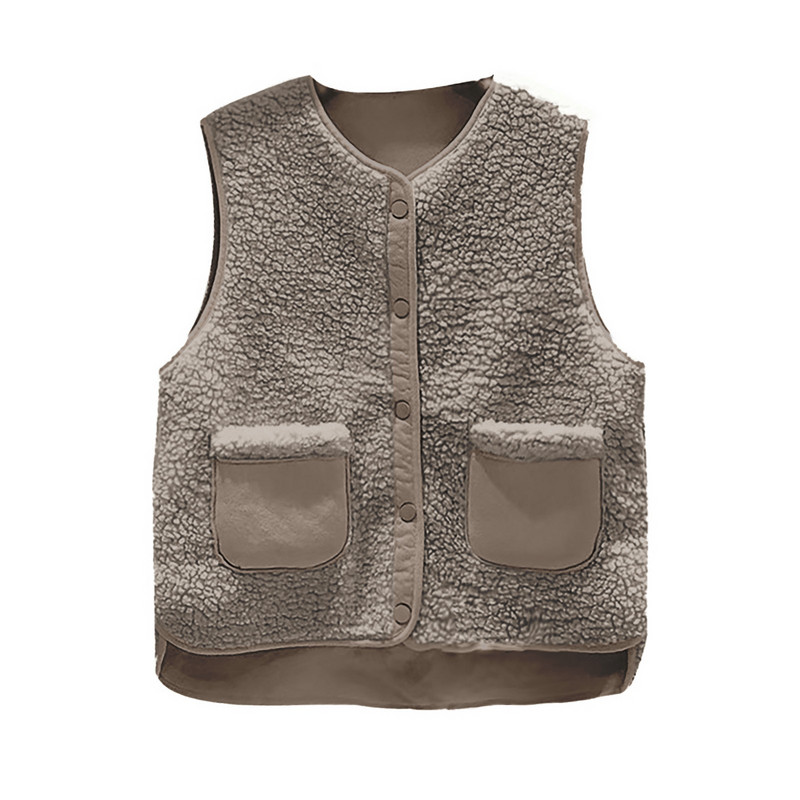 Plyšová kompozitná vesta, dámska zimná vesta, jednofarebná bez rukávov, vrchné oblečenie s výstrihom do O-krku, vrecko s dvoma spôsobmi nosenia, gombíková vrchná bunda