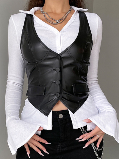 PU Leather Vest Vintage Women Sleeveless V Neck Button Tank Tops 2000s Dark Academia Waistcoat Female Summer Fall