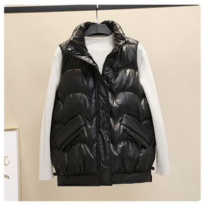 Зимна жилетка за жени Яке с памучна подплата 2023 г. Жилетка без ръкави с гланцирана яка и стойка Зимно яке с цип Женска жилетка Палто