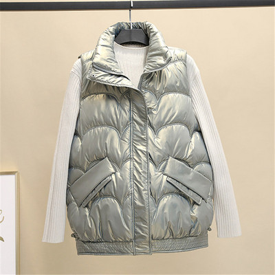 Зимна жилетка за жени Яке с памучна подплата 2023 г. Жилетка без ръкави с гланцирана яка и стойка Зимно яке с цип Женска жилетка Палто