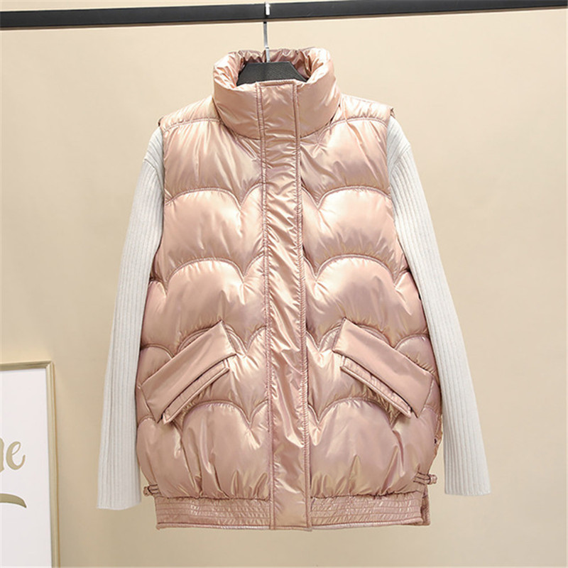 Zimná vesta pre ženy, bavlnená prešívaná bunda 2023, lesklá vesta bez rukávov so stojatým golierom, zimná bunda so zipsom, dámska vesta