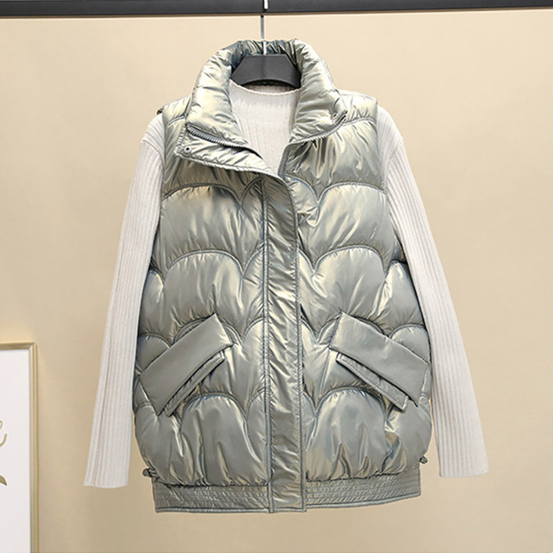 Zimná vesta pre ženy, bavlnená prešívaná bunda 2023, lesklá vesta bez rukávov so stojatým golierom, zimná bunda so zipsom, dámska vesta