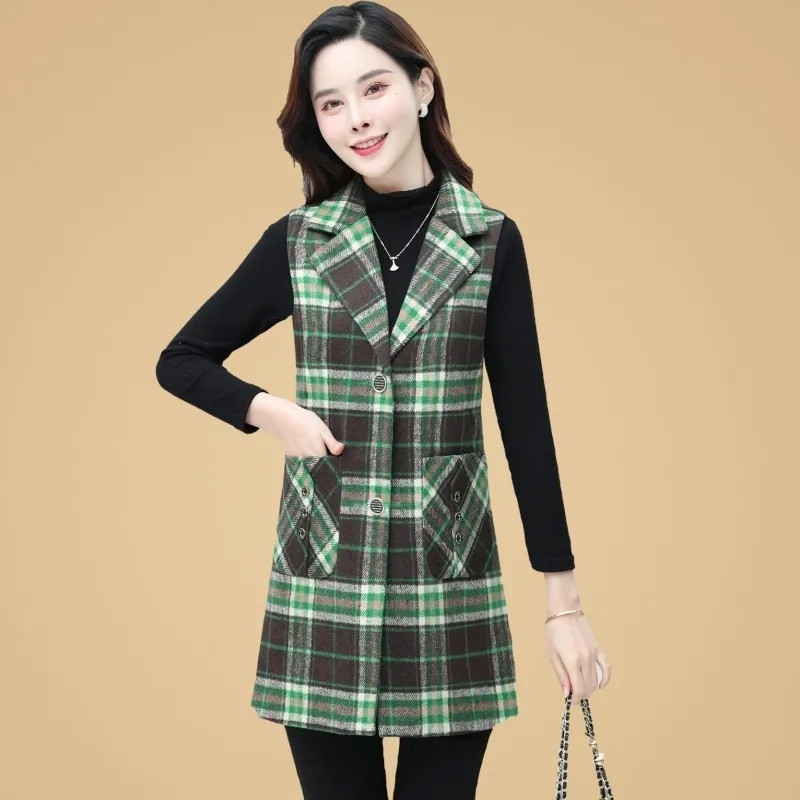 Vestă lungă pentru femei de primăvară, toamnă, cu zăbrele, vestă fără mâneci, cardigan pentru femei, vestă Chaleco Mujer 5XL