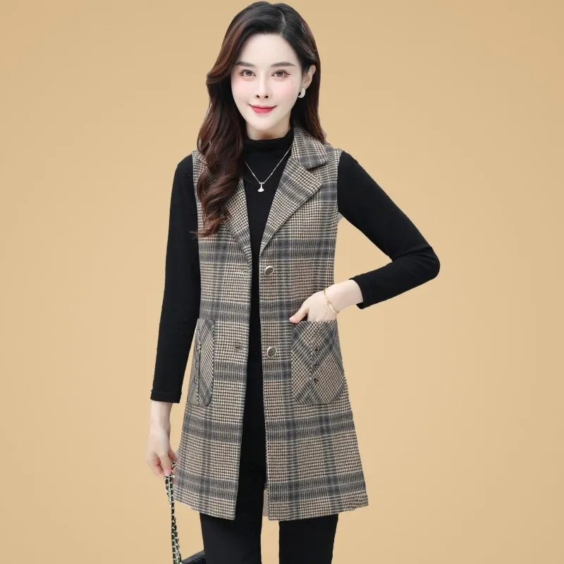 Vestă lungă pentru femei de primăvară, toamnă, cu zăbrele, vestă fără mâneci, cardigan pentru femei, vestă Chaleco Mujer 5XL