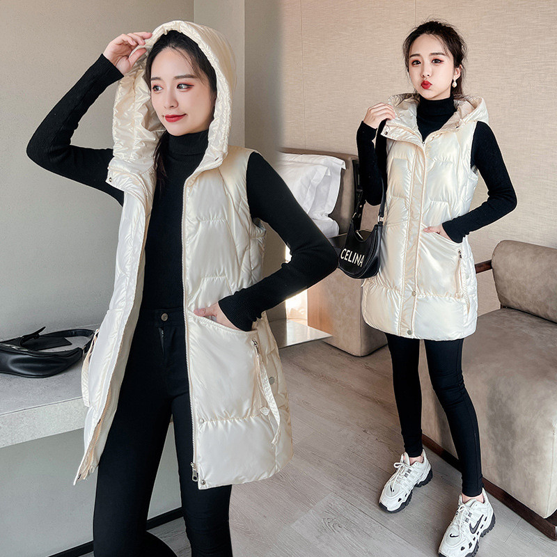 2022, noua vestă de toamnă iarnă pentru femei, vestă de lungime mijlocie pentru femei, jachetă fără mâneci, vestă lucioasă din bumbac, îmbrăcăminte exterioară pentru femei
