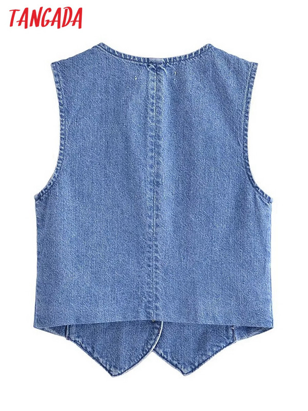 Tangada pentru femei 2023, noua vestă albastră de blugi, cu decolteu în V, fără mâneci, îmbrăcăminte exterioară pentru femei 6P134