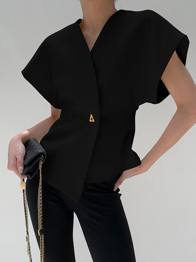 TWOTWINSTYLE Veste solide de slăbit pentru femei, cu decolteu în V, tunică fără mâneci, vestă neregulată cu mozaic, cu nasturi, la modă feminină nou