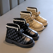 Pantofi de iarnă înalți în stil Anglia Copii Cizme elegante din piele carouri pentru copii Negru Kaki Cizme de zăpadă pentru fetiță calde G09143