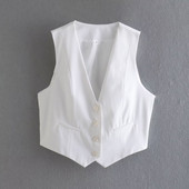 Дамска елегантна бяла жилетка Без ръкави Укорочено яке Без ръкави Шикозна дамска жилетка Дамско лято 2022 Ново горно облекло