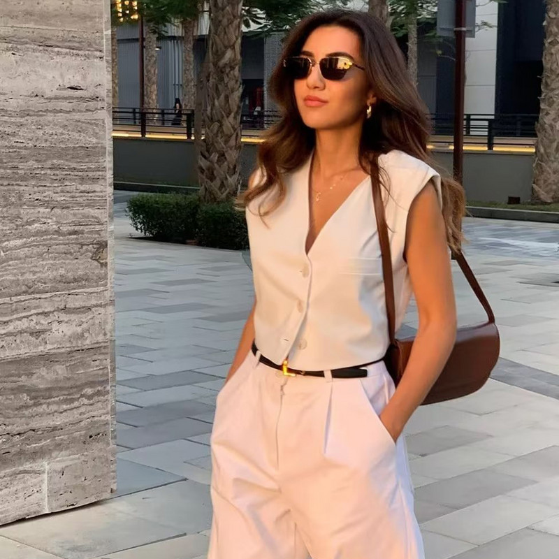 Dámska elegantná biela vesta bez rukávov, krátka bunda, šik dámska vesta, letné nové oblečenie 2022