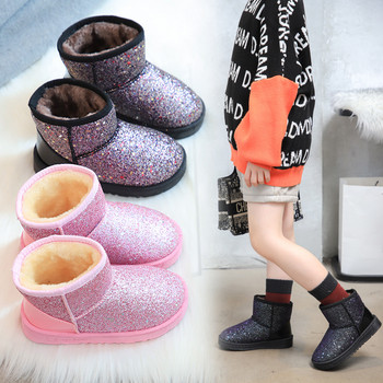 2021 г. Ботуши за сняг с приплъзване Космати плюшени ботуши за момичета Модни къси ботуши на принцеса Блестящи детски обувки на платформа E08154