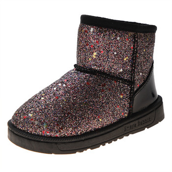 2021 г. Ботуши за сняг с приплъзване Космати плюшени ботуши за момичета Модни къси ботуши на принцеса Блестящи детски обувки на платформа E08154
