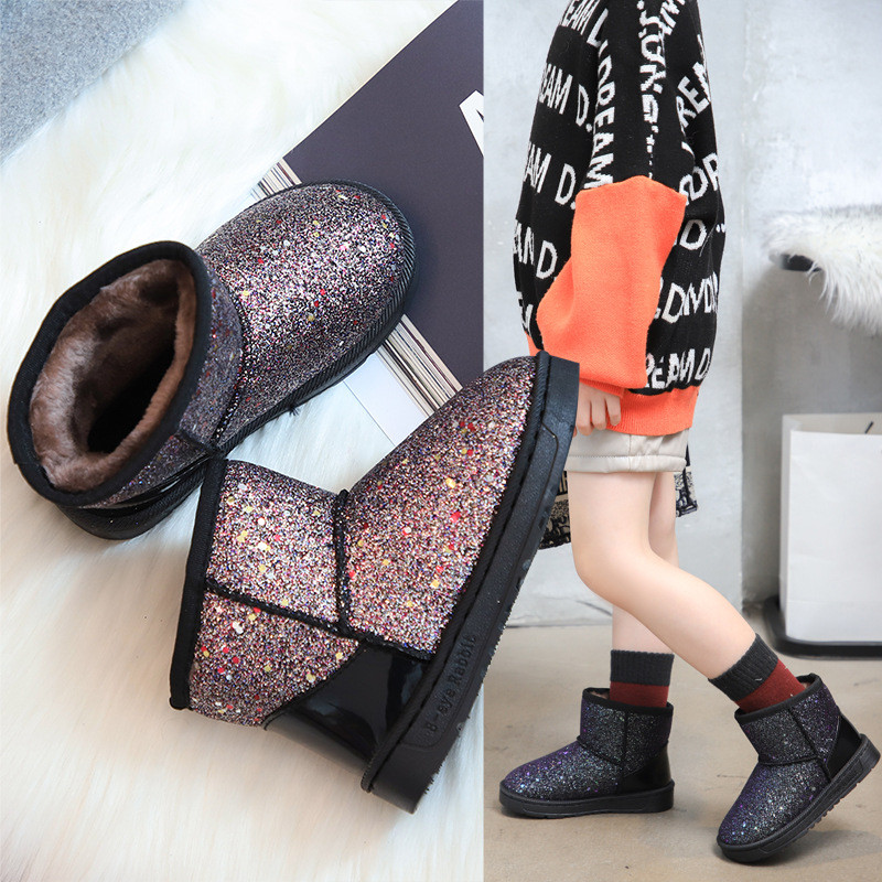 2021. aasta lumesaapad, karvased plüüsis tüdrukud poolsaapad Moodsad printsess Bling lühikesed saapad Laste säravad platvormkingad E08154