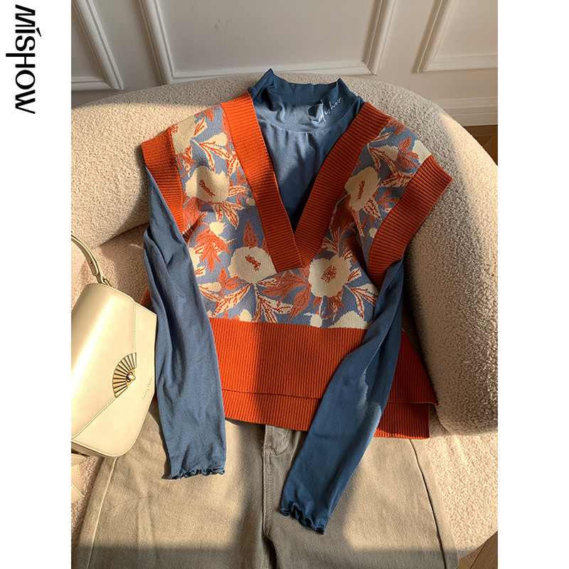 MISHOW pleteni prsluk Ženski jesenski vintage pulover s V-izrezom bez rukava, sljedbenik Outwear pulover MXA35Z0101