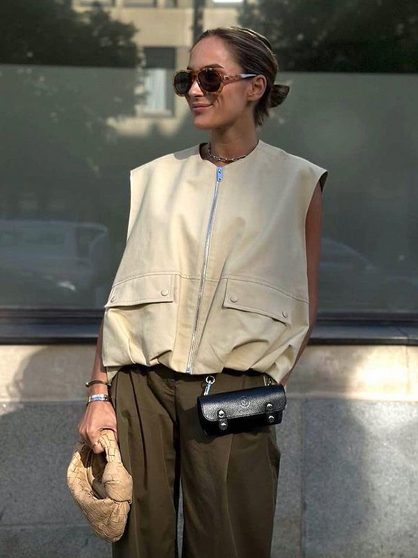 Dámska módna vesta bez rukávov s výstrihom do O-krku, voľné dámske tielko, ležérne voľné dámske základné vesty, streetwear